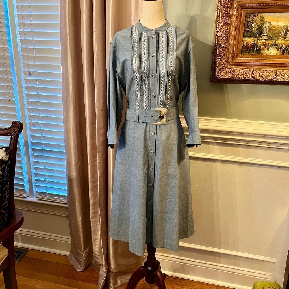 NWOT Lafayette 148 Embroidered Cotton Chambray Midi Shirtdress Shirt Dress 10 - Picture 3 of 6